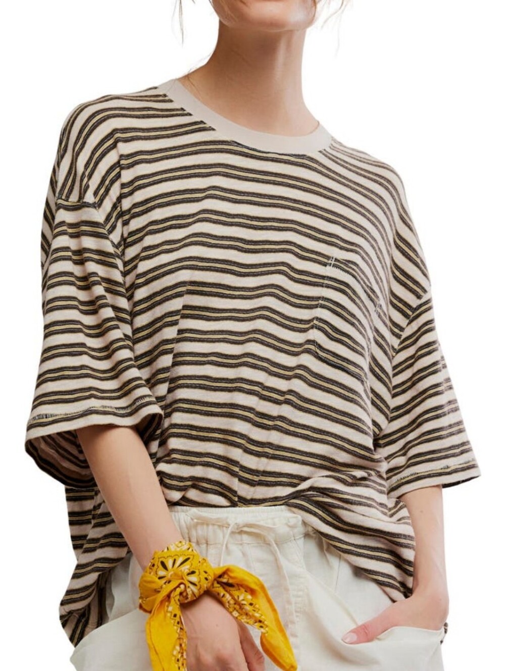 NWT Free People We The Free Allover Stripe Cotton T-shirt, Tea Combo, S